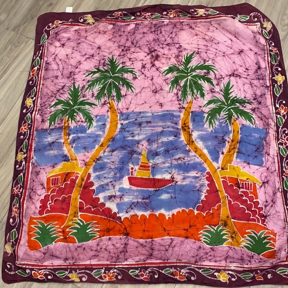Batik style scarf throw wall hanging 42 in square palm trees water sailboat - Picture 1 of 2